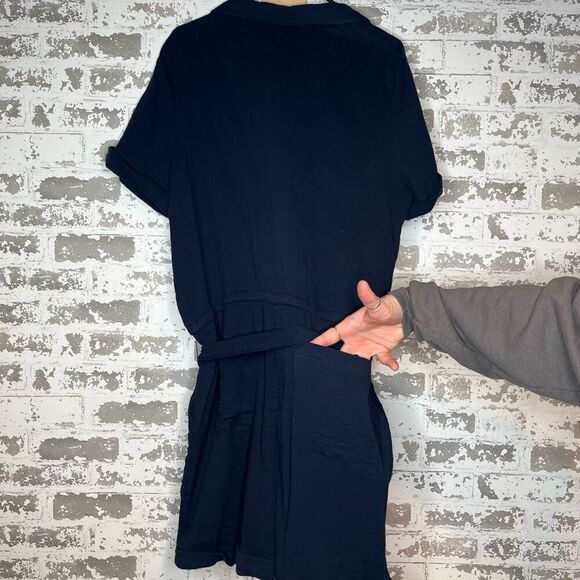 Loft | women navy blue gauzy romper shorts button up - Picture 8 of 12